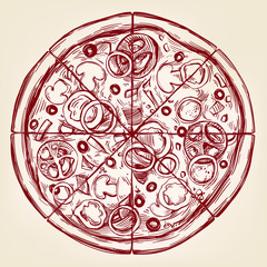 Italian pizza, Pizza design template hand drawn vector illustration realistic sketch