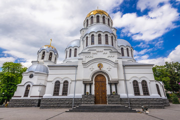 Fototapeta na wymiar Frontage of St Alexander Nevsky Cathedral in Kamianets Podilskyi, Ukraine