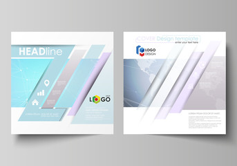 The minimalistic vector illustration of editable layout of two square format covers design templates for brochure, flyer, magazine. Polygonal texture. Global connections, futuristic geometric concept.