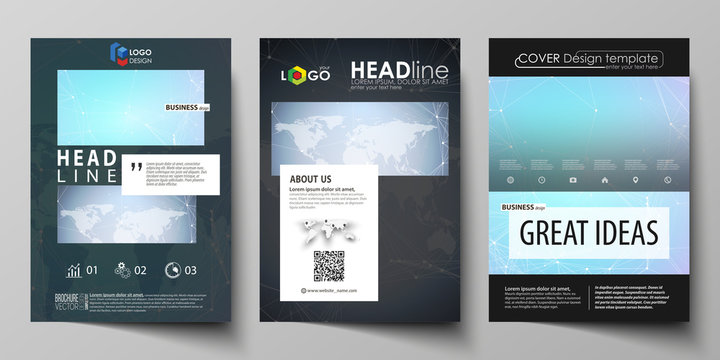 The black colored vector of the editable layout of A4 format covers design templates for brochure, magazine, flyer, booklet. Polygonal texture. Global connections, futuristic geometric concept.
