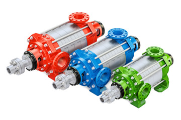 Set of colored horizontal multistage centrifugal pump, 3D rendering