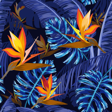 Seamless Pattern With Blue Tropical Flowers
