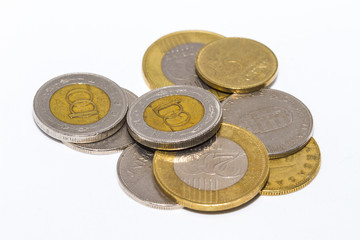 The forint (sign: Ft; code: HUF) is the currency of Hungary. Coins on isolated white background.