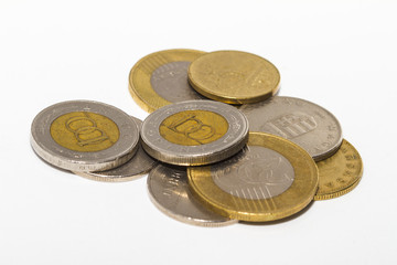 The forint (sign: Ft; code: HUF) is the currency of Hungary. Coins on isolated white background.