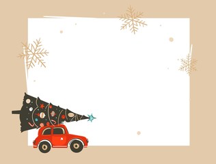 Fototapeta premium Hand drawn vector abstract Merry Christmas and Happy New Year sale time cartoon illustrations greeting header template with xmas tree,red car and place for your text isolated on white background