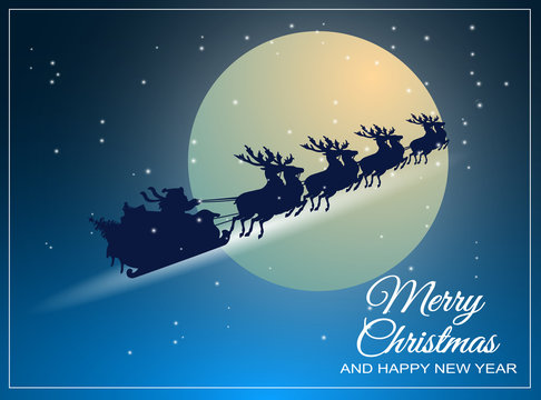 Santa Claus rides in a sleigh with their reindeer through the night. Moon as background. Merry Christmas vector illustration.