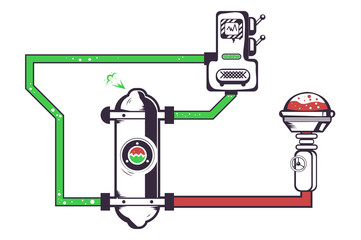 industry, the mechanism of pipes and cylinders with the switches through which flows red and green liquid.