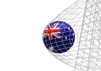 Australia flag soccer ball scores a goal in a net