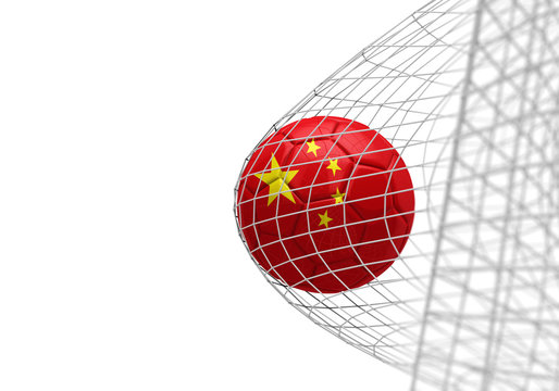 China flag soccer ball scores a goal in a net