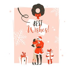 Hand drawn vector abstract fun Happy New Year time cartoon illustration with romantic couple who kissing and hugging,xmas wreath,little child with gift and typography isolated on pastel background