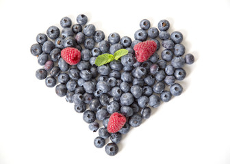 Frame Shape Heart Organic Blueberries Raspberries Green Leaves Mint Isolated on White Background Natural Light Selective Focus