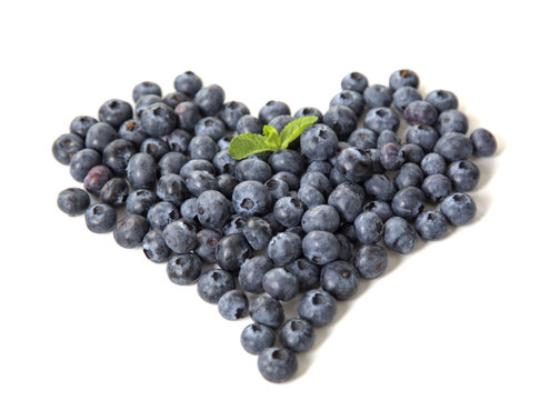 Frame Shape Heart Organic Blueberries Green Leaves Mint Isolated on White Background Natural Light Selective Focus
