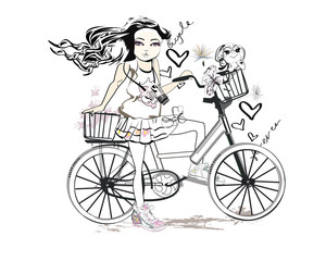 Sketch of a cute fashion girl with a dog riding the bicycle. Hand drawn vector illustration.