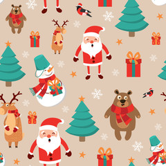 Icons set Christmas and New Year seamless pattern vector illustration. Spare gifts, Snowman, Christmas tree, Santa Claus, deer, bullfinch