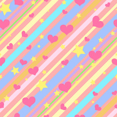 Bright seamless pattern with colorful stripes, stars and hearts for girls