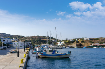 Fototapeta na wymiar Pretty little fishing boats in the harbor of Lipsi island, Dodecanese, Greece 