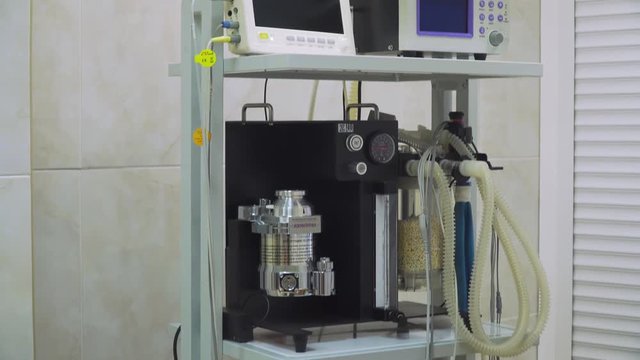 anesthesia machine in the operating room of a vet clinic. Operating room at hospital with equipment and medical devices. Table for surgical operations in the hospital.