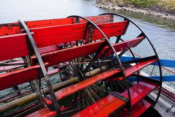 Close up view of the red paddles of a paddle boat on the Columnbia River in the US