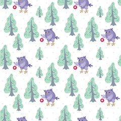 Christmas seamless pattern with the image of funny owls. Full color vector background.