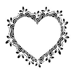 Decorative love frame composition with hearts, flowers, ornate elements in doodle style. Floral, ornate, decorative, tribal design elements. Black and white background. Zentangle coloring book page