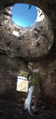 woman in vintage dress inside the old Fort