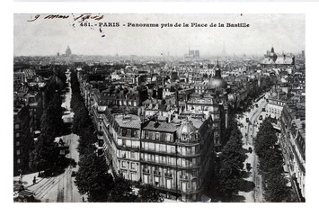 Paris city panorama, circa 1904, vintage postcard printed in France, retro cityscape