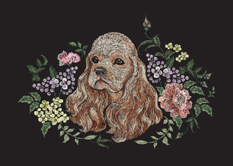 Embroidery floral pattern with dog, lilac and roses. Vector embroidered template with flowers and animal for fashion design.