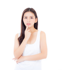 Fototapeta premium Portrait of beautiful asian woman makeup of cosmetic, girl hand touch mouth and smile attractive, lips beauty perfect with wellness isolated on white background with healthcare concept.