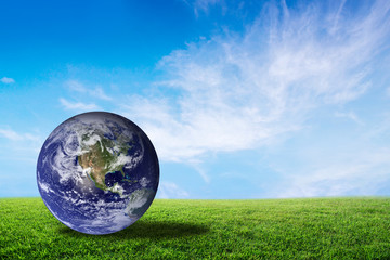Fototapeta na wymiar Planet earth beautiful on green grass with cloud sky, world with conservation and resource for renewable, environment concept, Elements of this image furnished by NASA.
