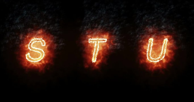 burning font s, t, u, fire word text with flame and smoke on black background, concept of fire heat alphabet decoration text
