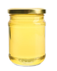 Aromatic honey in jar, isolated on white