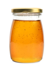 Aromatic honey in jar, isolated on white