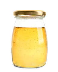 Aromatic honey in jar, isolated on white