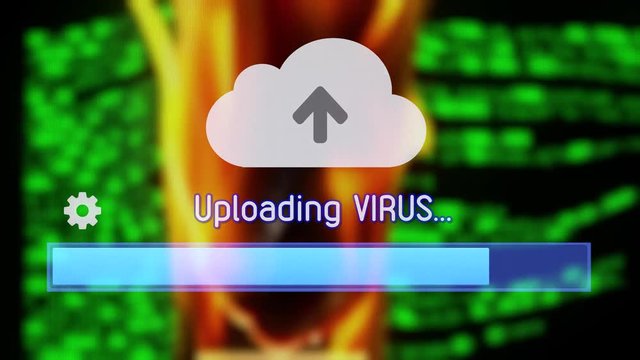 Uploading / downloading Virus from the cloud. Background: a blurred source code scrolling screen, flames devouring it.
