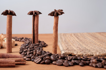 The original concept, coffee and sweets with spices. Place for your text.