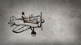 Aviator in drawn airplane. Mixed media