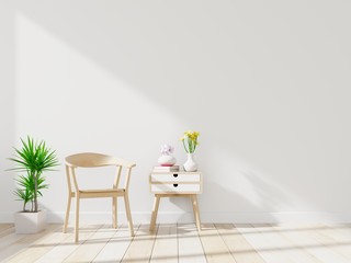 Working room mock up with chair, chest of drawers and plant in vase in living room interior. 3D rendering.