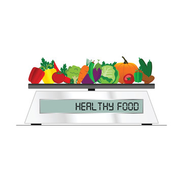 fruit and vegetable on scales for food illustration