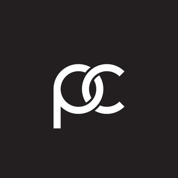 Initial lowercase letter pc, overlapping circle interlock logo, white color on black background