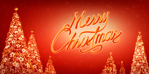 Merry Christmas Typograpical on Red Background wiith Tree Lighting. 3D Text