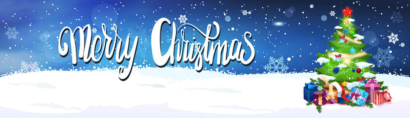 Merry Christmas Lettering Over Night Sky Background With Decorated Fir Tree Horizontal Banner Flat Vector Illustration