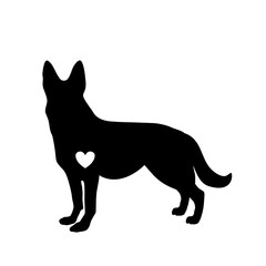 Black silhouette of german shepherd dog with white heart standig sideway
