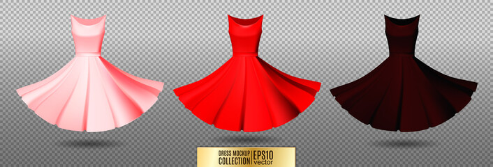 Women's dress mockup collection. Dress with long pleated skirt. Realistic vector illustration. Pink and red variation.
