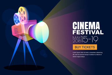 Vector glowing neon cinema festival poster or banner background. Colorful 3d style movie camera with film spotlight. Sale cinema theatre tickets, movie time and entertainment concept. - 184502448