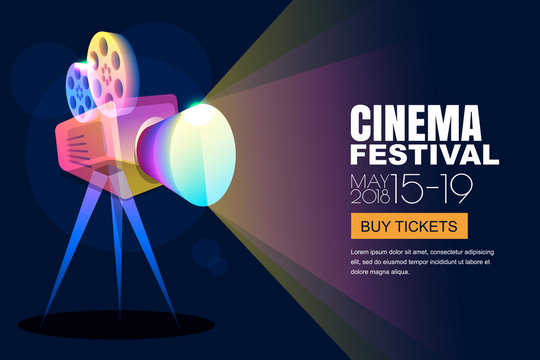 Vector glowing neon cinema festival poster or banner background. Colorful 3d style movie camera with film spotlight. Sale cinema theatre tickets, movie time and entertainment concept.