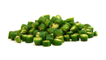 A pile of finely chopped chilli peppers on a white background