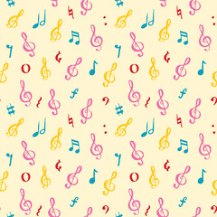 Music note seamless pattern vector illustration. Hand drawn sketched doodle music notes symbols