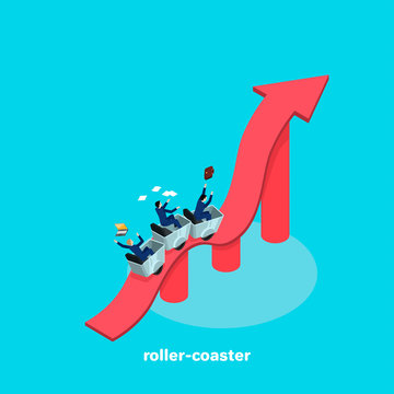 people in business suits ride along a wavy arrow as on a roller coaster, an isometric image