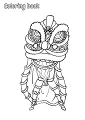 Happy chinese new year.The man control a head lion dancing.A fantasy Coloring book for child.A big lion head on man to dancing in chinese new year.Head lion with man vector on white background.