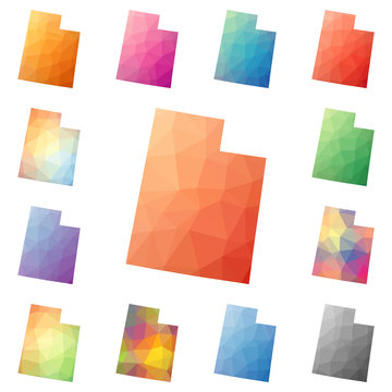 Utah geometric polygonal, mosaic style US state maps collection. Bright abstract tessellation, low poly style, modern design. Utah polygonal maps for your infographics or presentation.